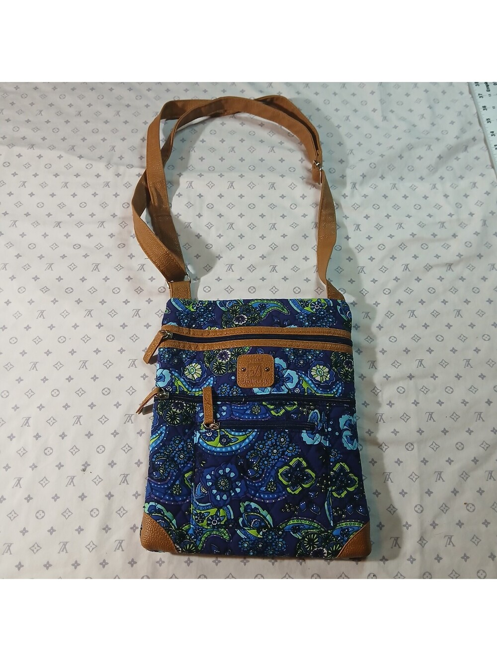 Blue Paisley Crossbody Bag Brown Faux Leather Trim Boho Festival Everyday